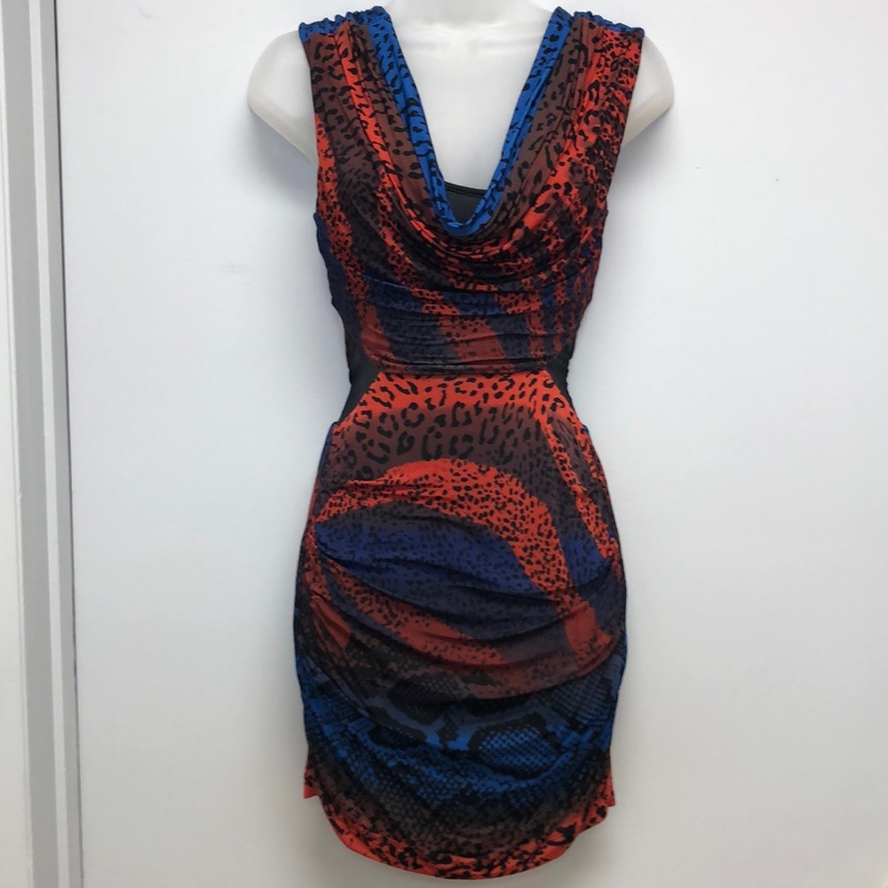 bebe Bodycon Mini Dress Cutout Back Animal Print Red Blue XXS